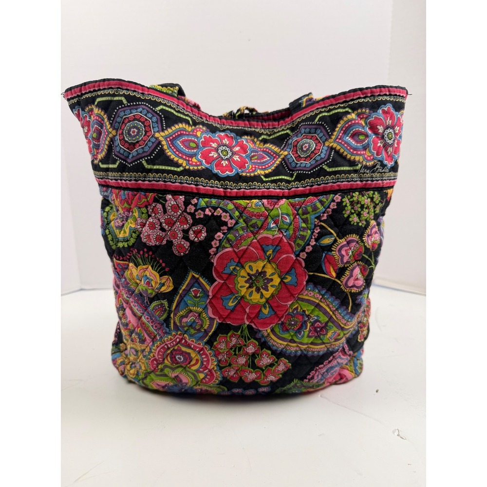 Vera Bradley Symphony in Hue Retired Mid Size Tote Bag Black Floral Shoulder Bag - Picture 3 of 12